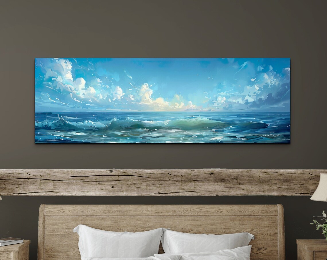 Blue Ocean Waves Under Cloudy Sky Coastal Seascape Art Poster
