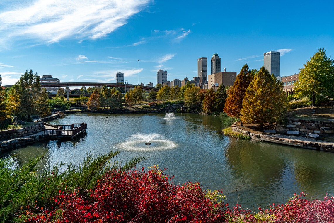 Tulsa Centennial Park Lake Fountain Skyline Fall Foliage Poster