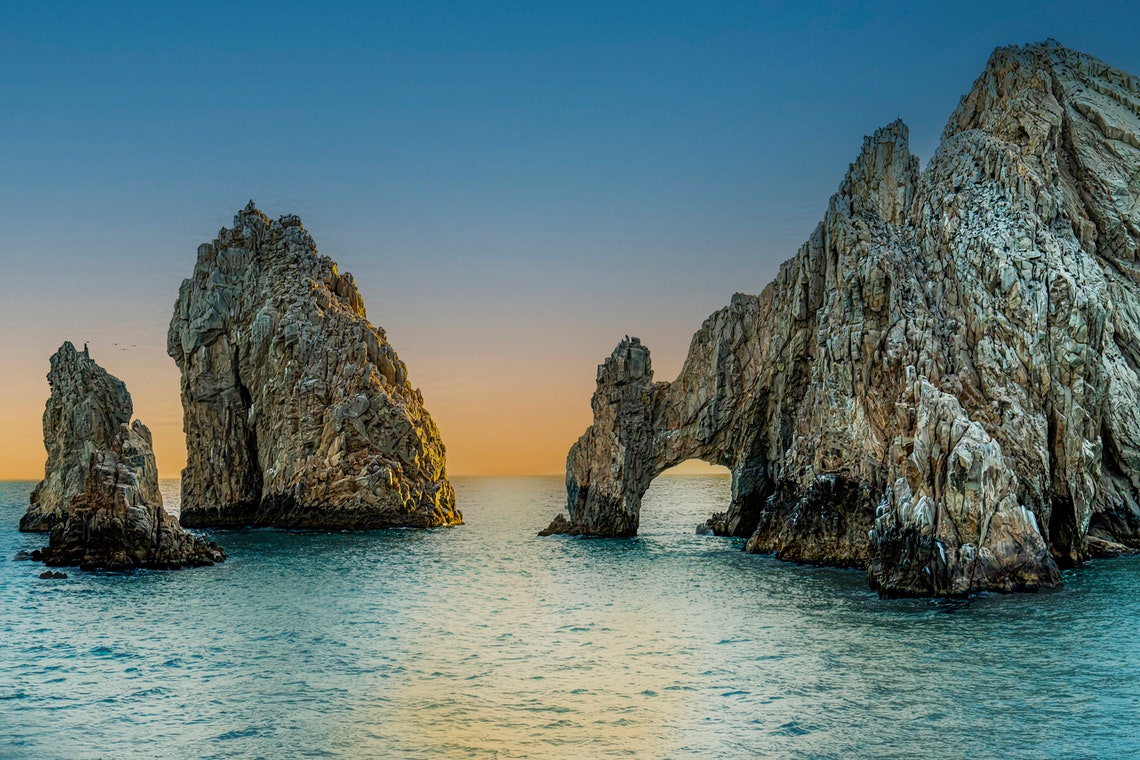 Cabo Arch El Arco Sea Stacks Golden Sky Turquoise Water Poster