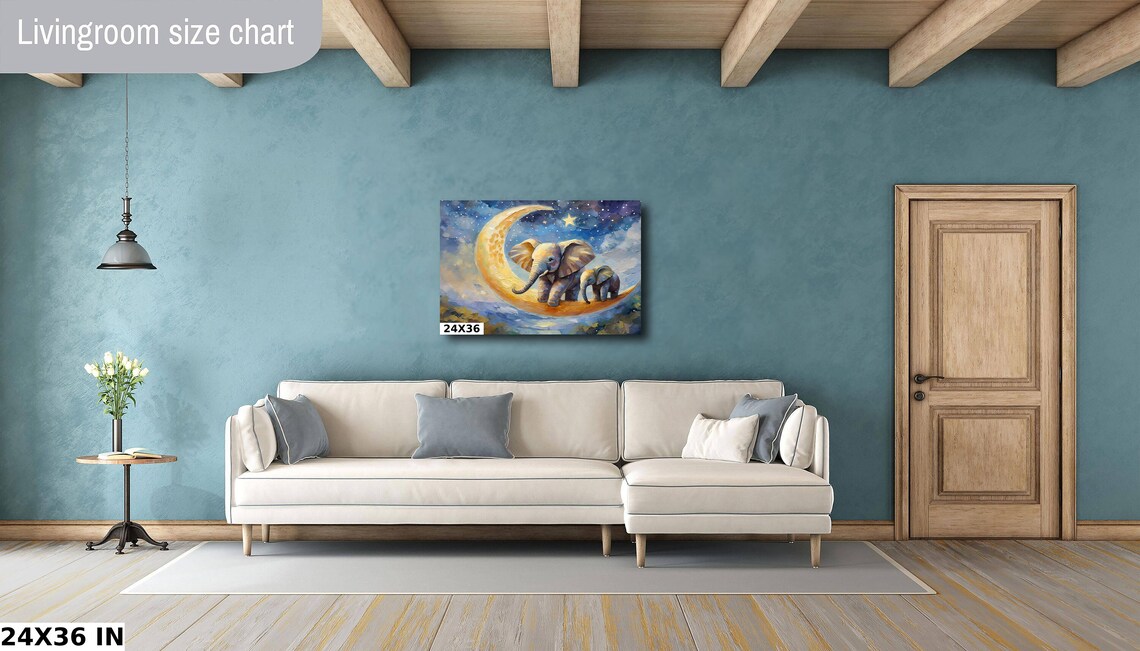 Baby Elephant And Mother On Golden Crescent Moon Starry Sky Poster - Image 4