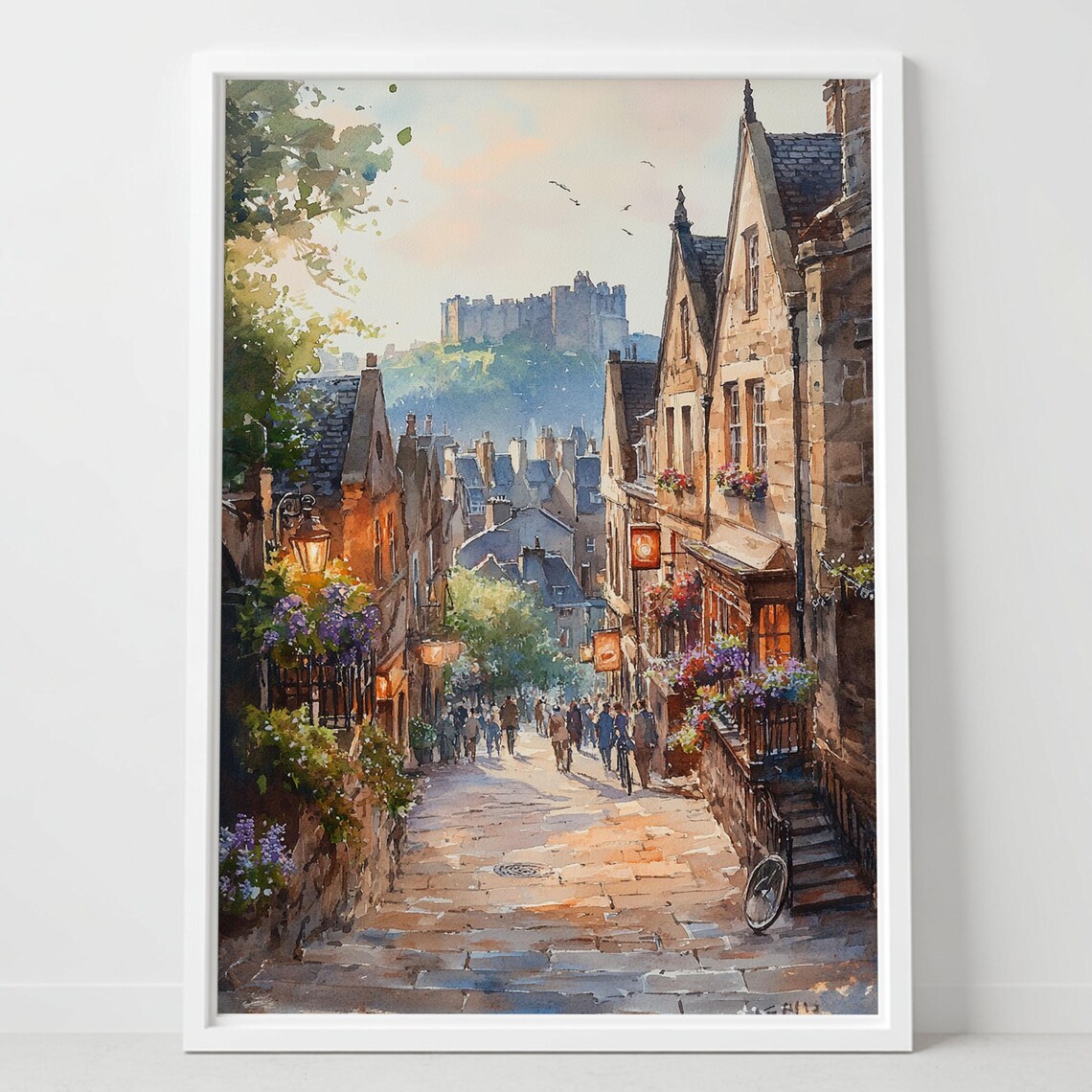 Edinburgh Watercolor Travel Poster, Scottish Skyline