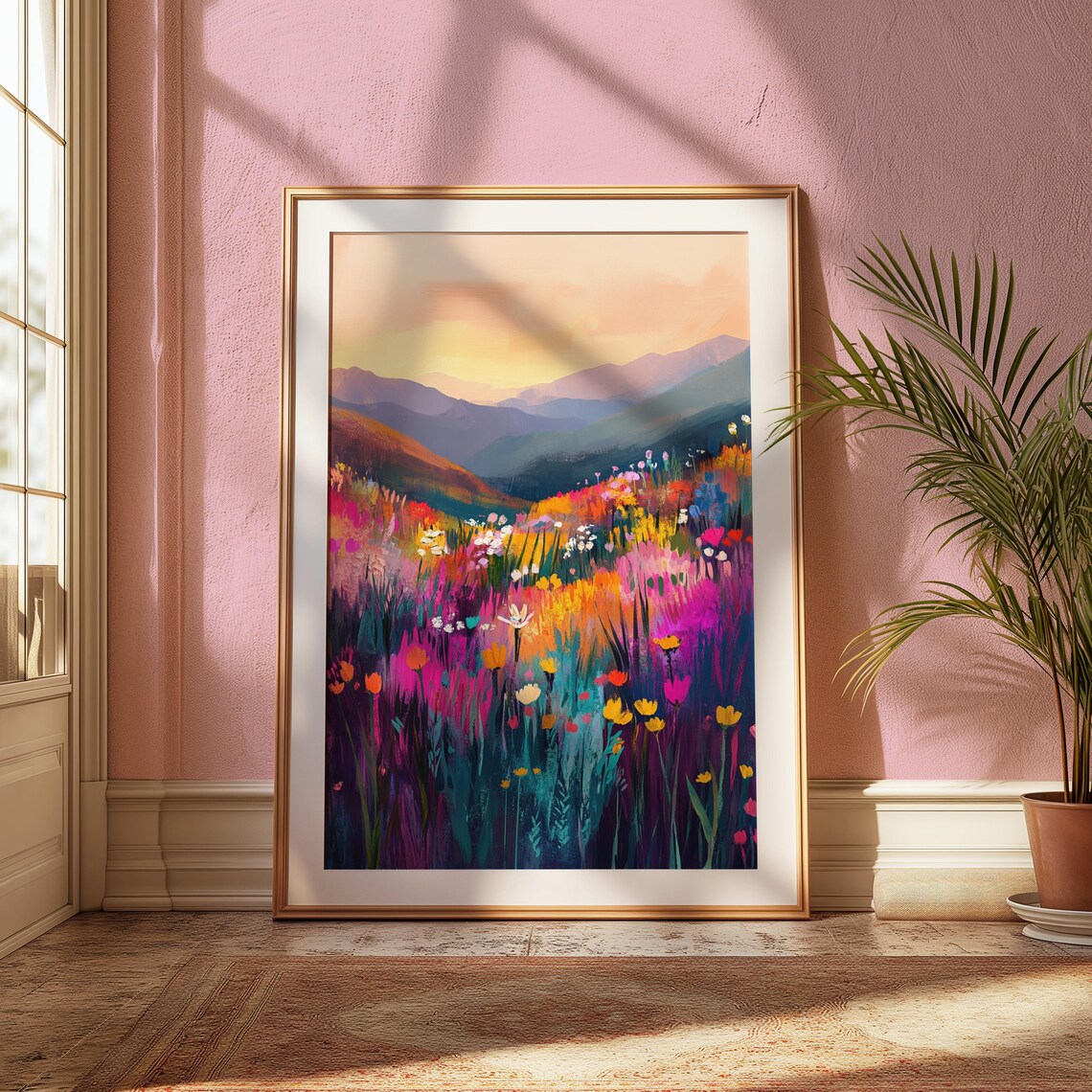 Colorful Wildflower Meadow Mountains Sunrise Landscape Painting Poster - Image 2