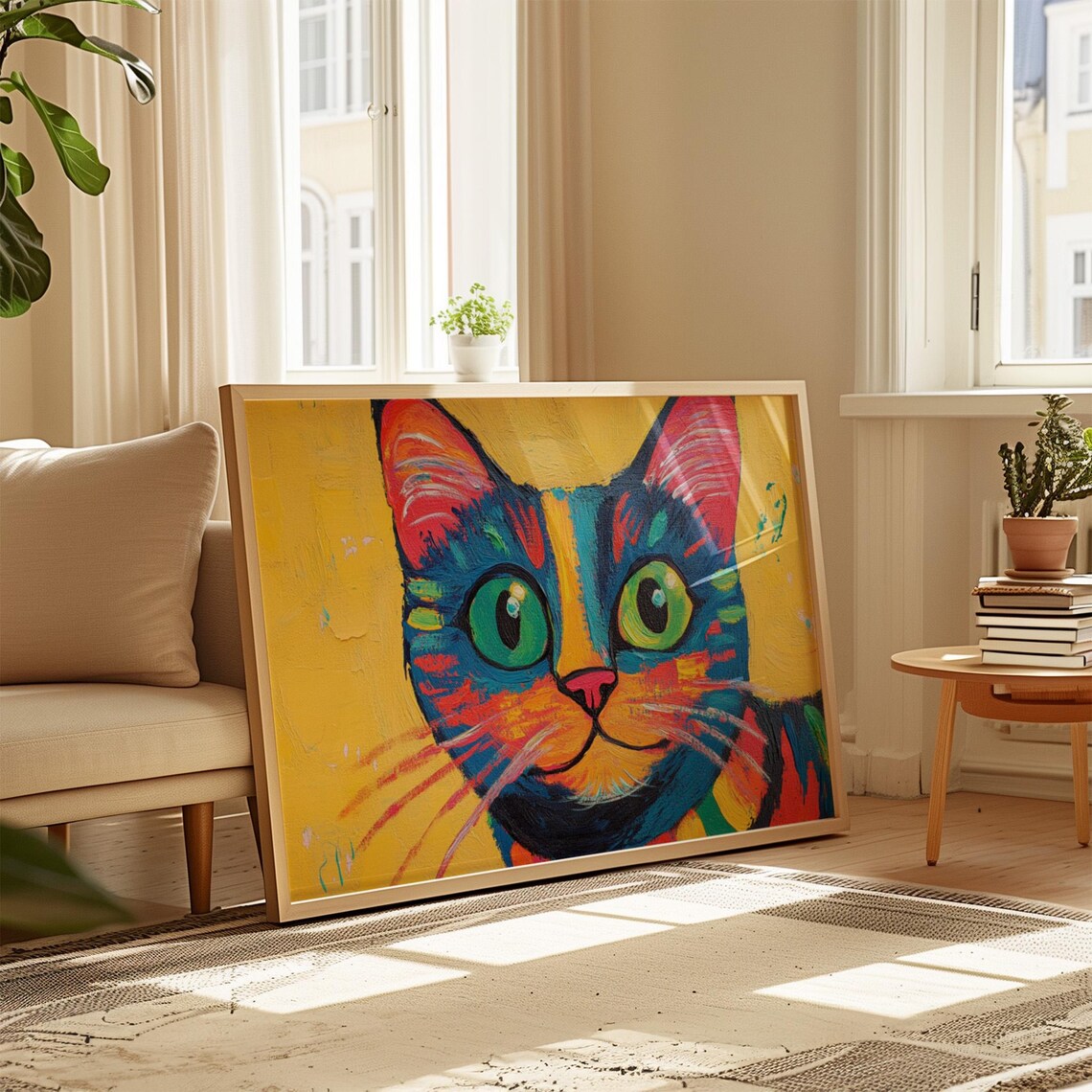Cat Face Close Up Big Green Eyes Blue Red Texture Yellow Background Poster - Image 4