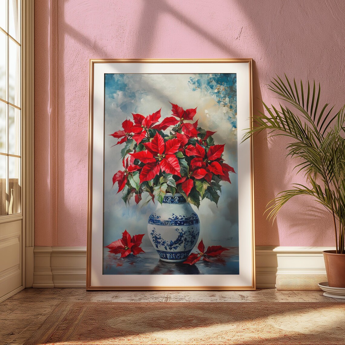 Red Poinsettia Blue Porcelain Vase Watercolor Christmas Poster - Image 2