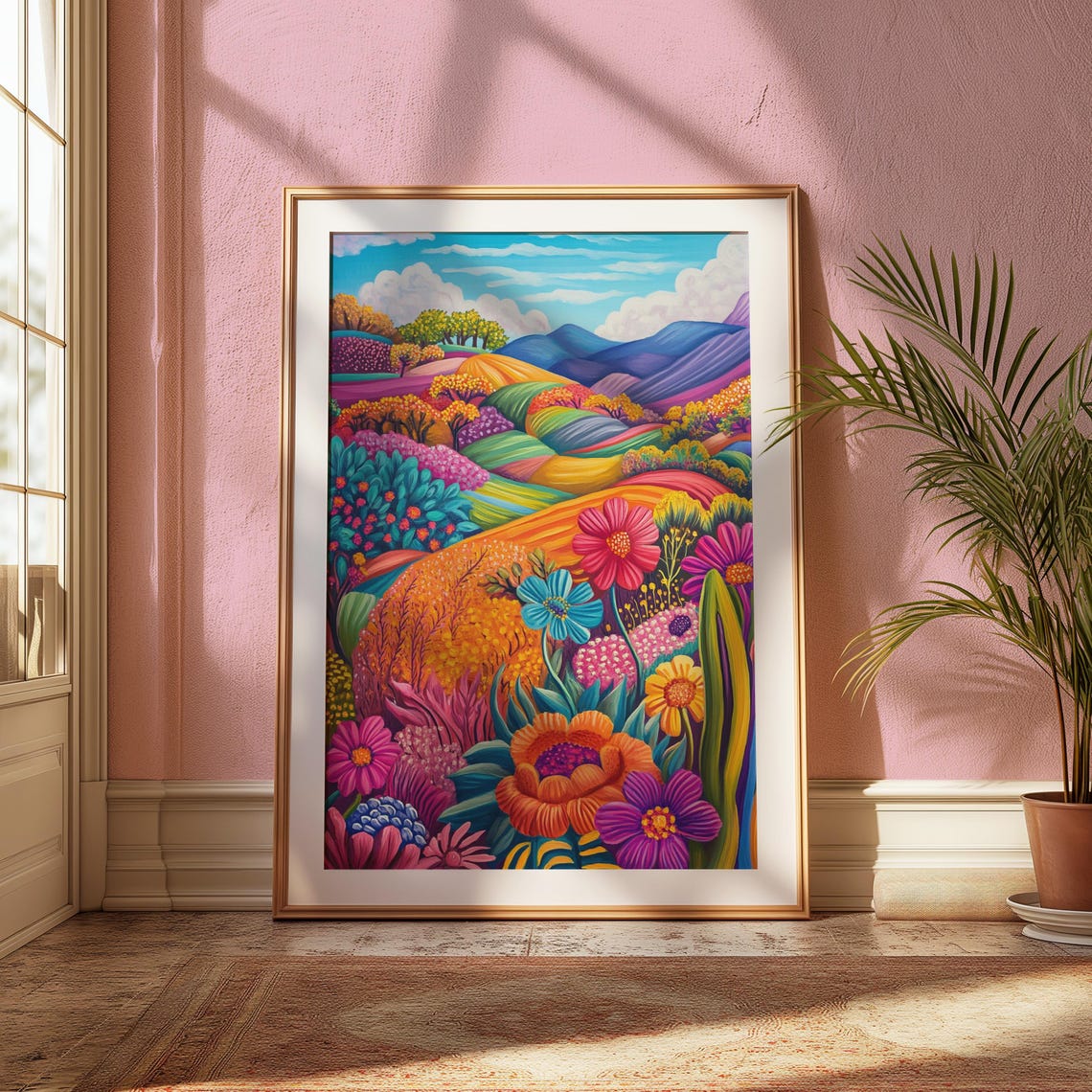 Folk Art Flower Garden Rainbow Hills Colorful Botanical Print - Image 2