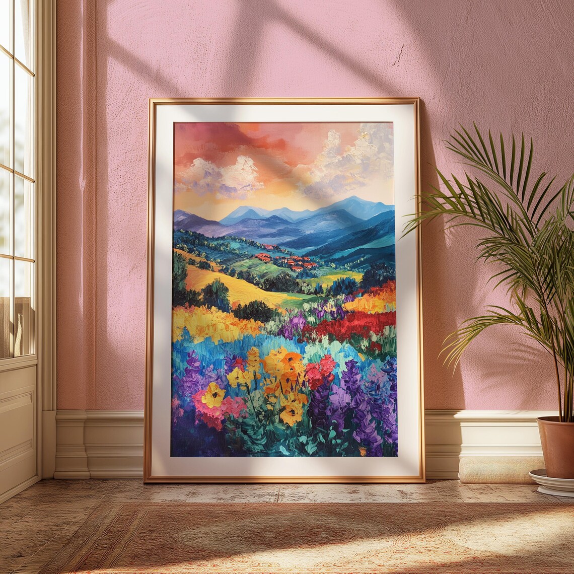 Wildflower Meadow Mountain Village Sunset Blue Peaks Travel Wall Art Poster - Image 2