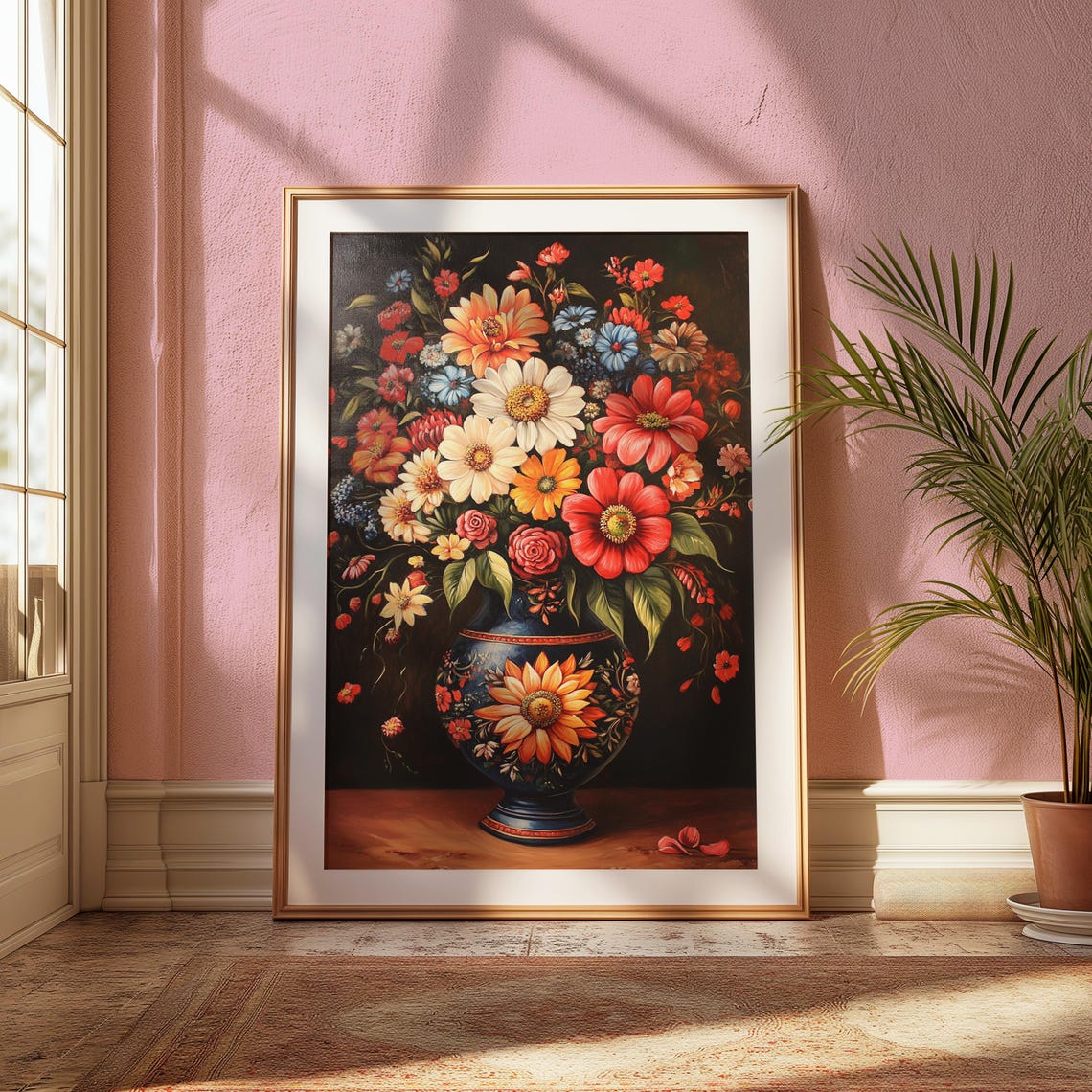 Dense Mixed Garden Bouquet Red Yellow Daisies Dark Blue Vase Poster - Image 2