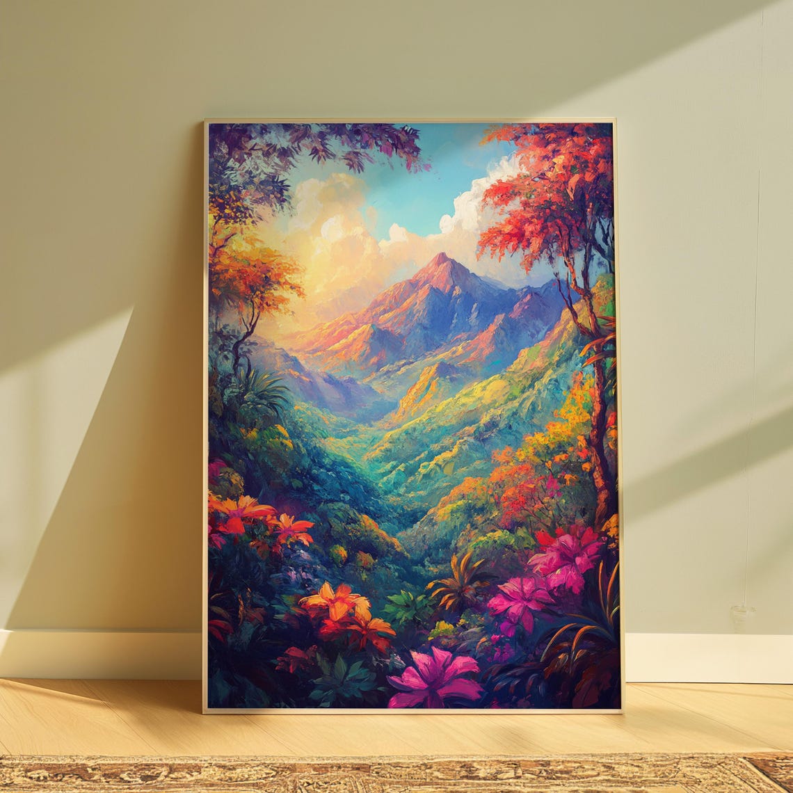 Lush Tropical Jungle Valley Mountain View Colorful Art Print