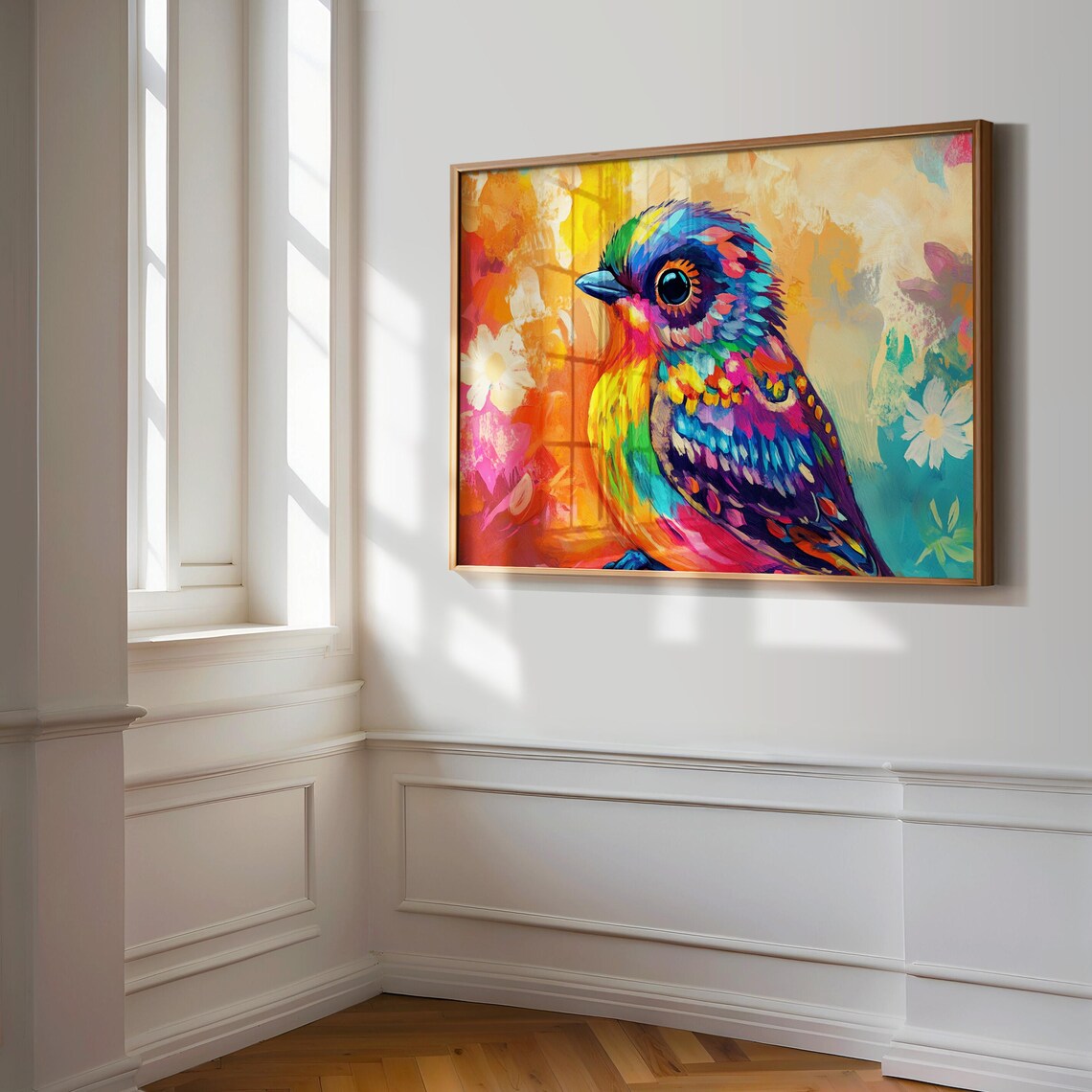 Rainbow Plumage Songbird Portrait Colorful Bird Flower Art Print - Image 3