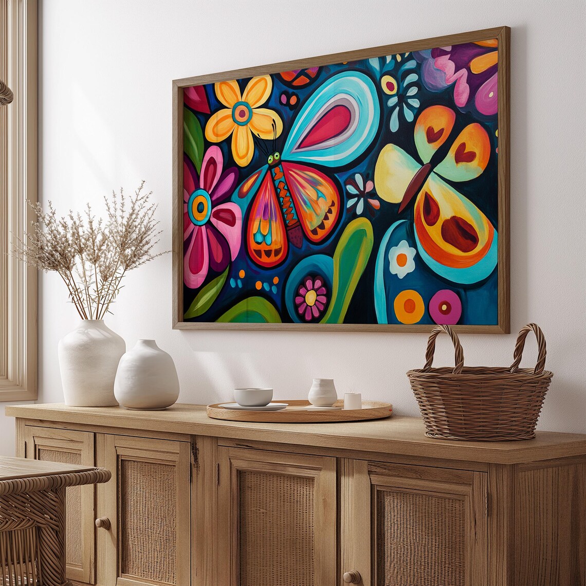Two Big Pink Teal Butterflies Whimsical Midnight Folk Flowers Poster