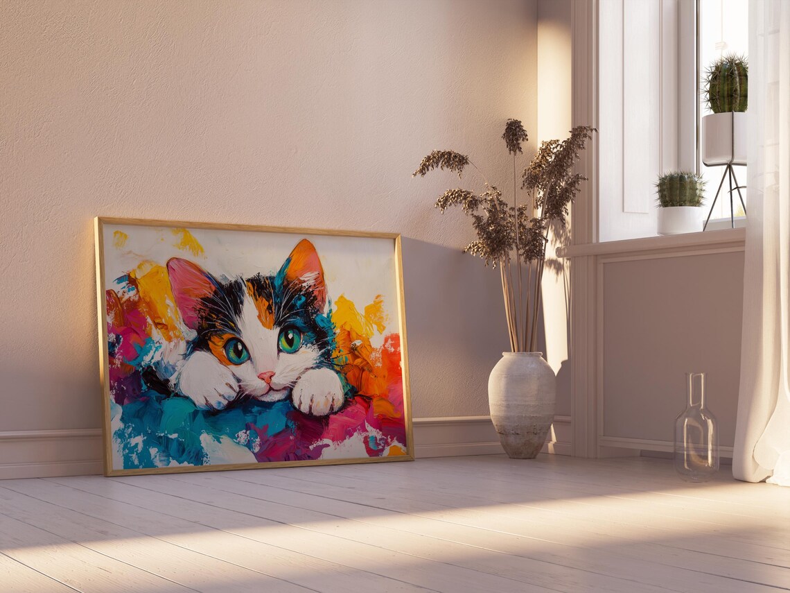 Playful Calico Kitten Paws Resting Vibrant Abstract Paint Splash Cat Poster - Image 2