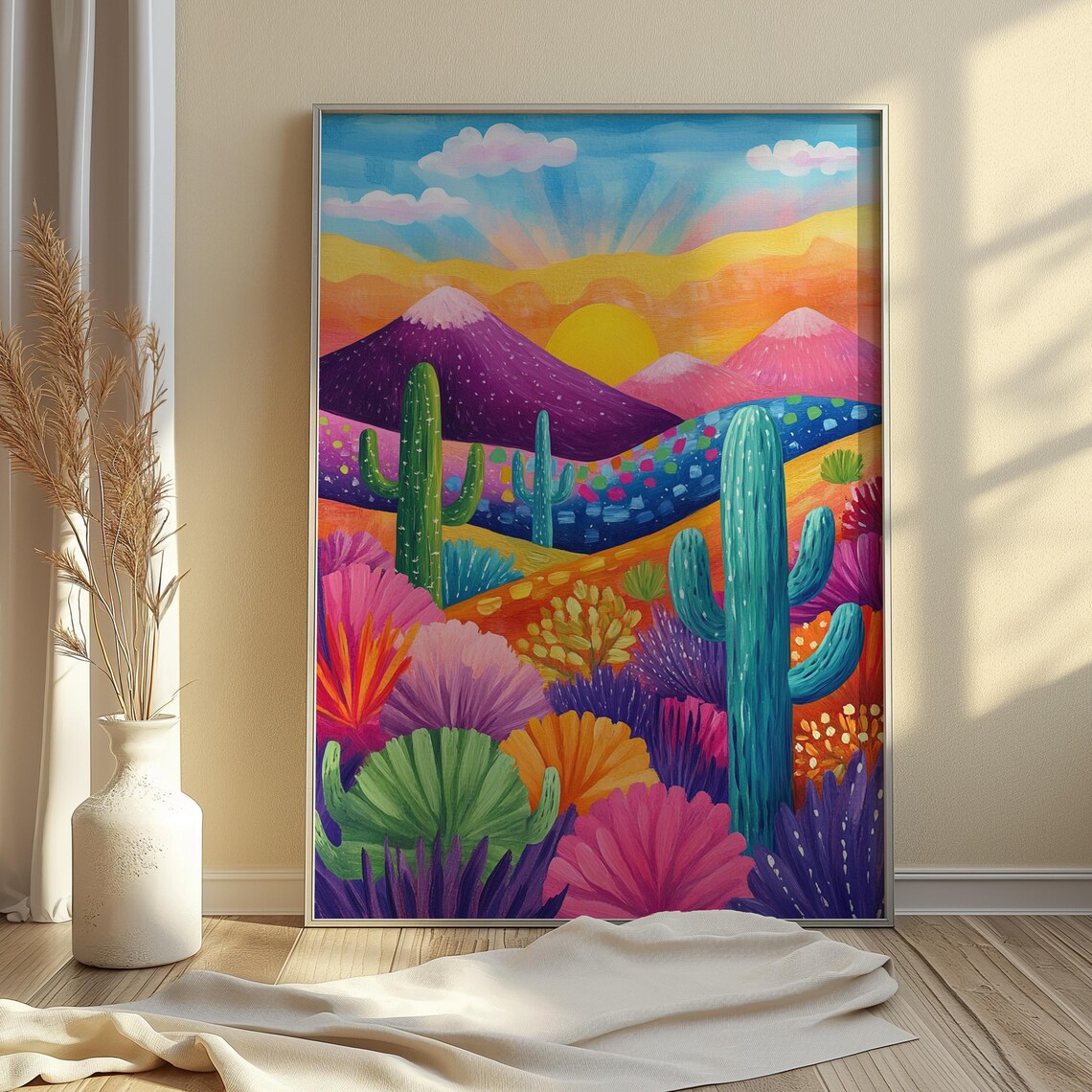 Naive Desert Cacti Pink Mountain Peaks Golden Sun Playful Folk Art Poster - Image 4