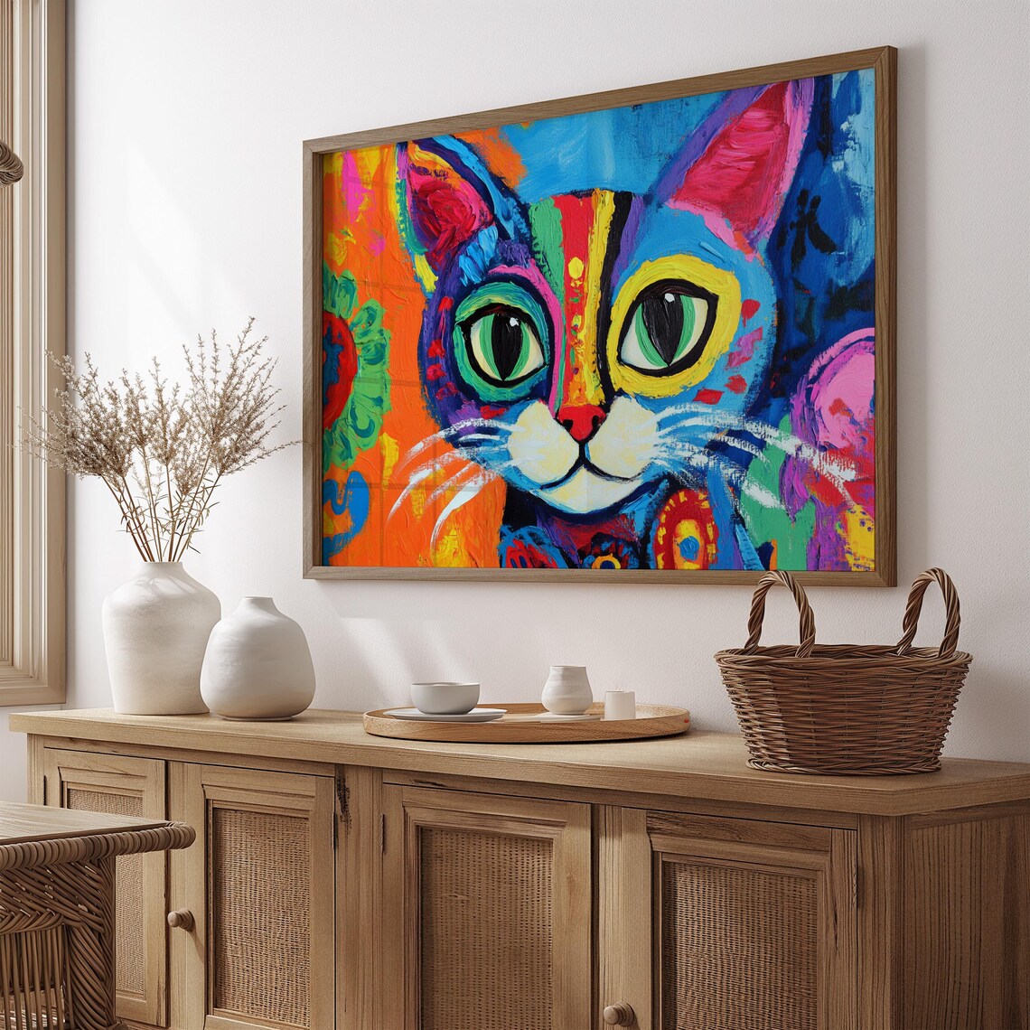 Whimsical Cat Big Green Eyes Yellow Outlines Colorful Abstract Poster