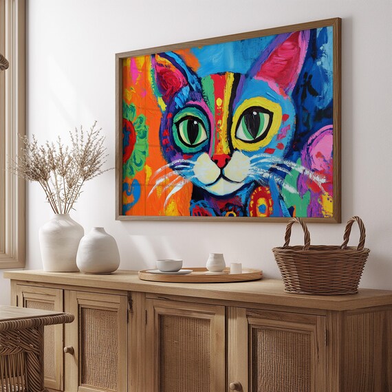 Whimsical Cat Big Green Eyes Yellow Outlines Colorful Abstract Poster