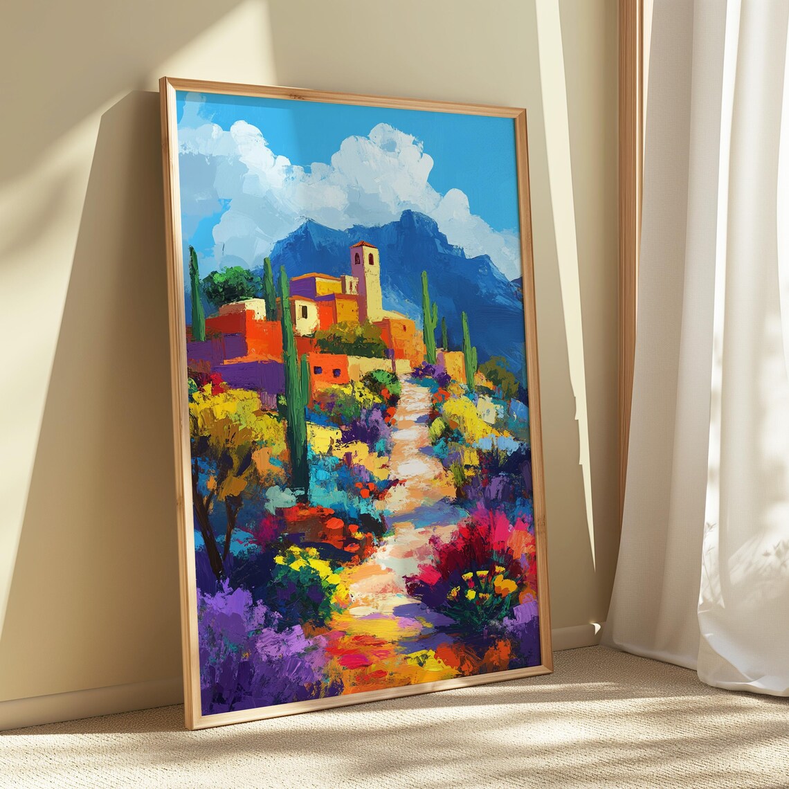 Mexican Village Hill Adobe Church Bell Tower Cacti Colorful Path Landscape Poster - Image 5