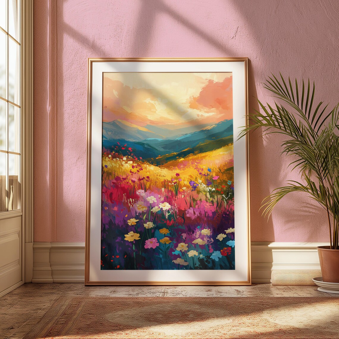 Sunset Wildflower Meadow Layered Mountain Peach Sky Art Print - Image 2