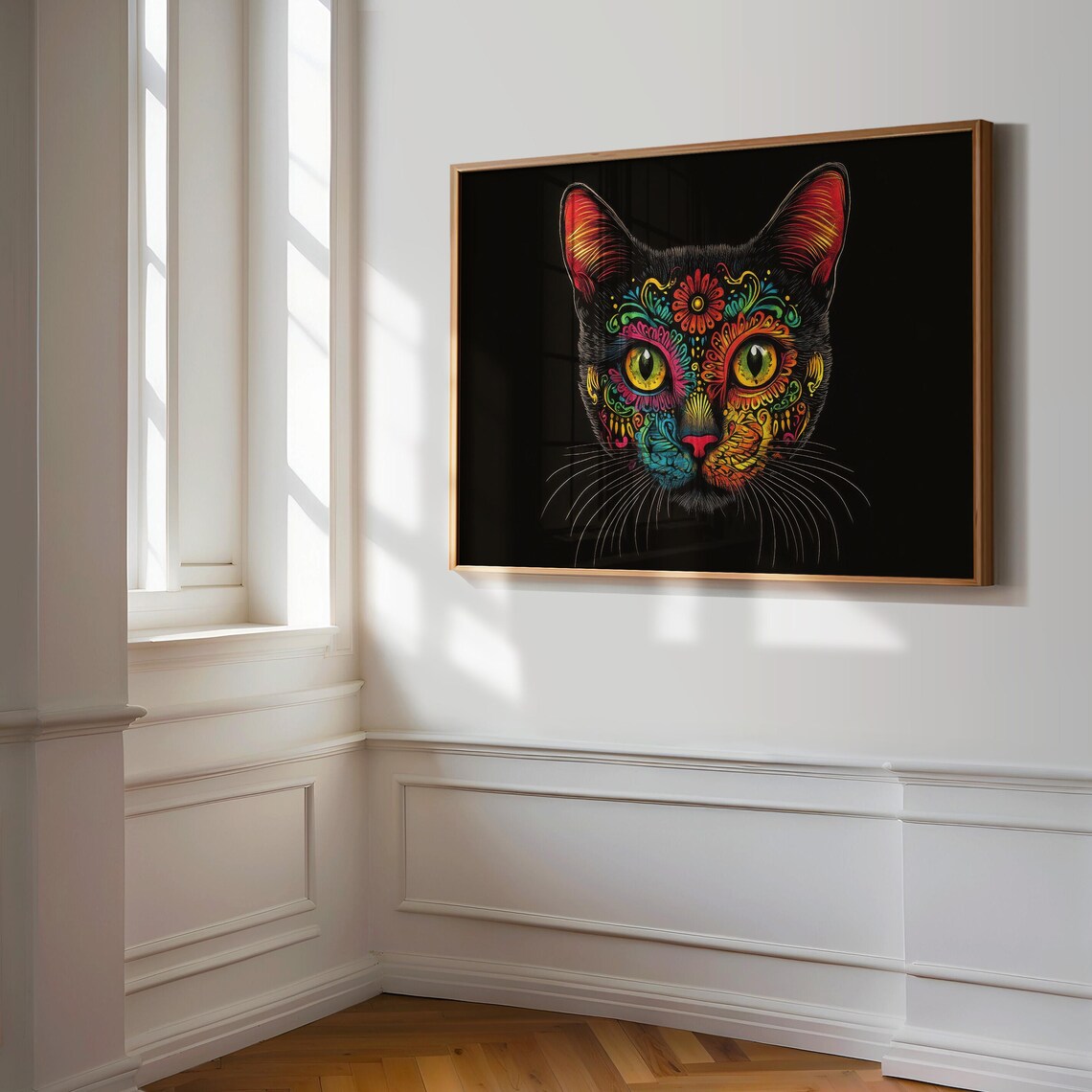 Day of the Dead Cat Sugar Skull Floral Intricate Colorful Wall Art - Image 3