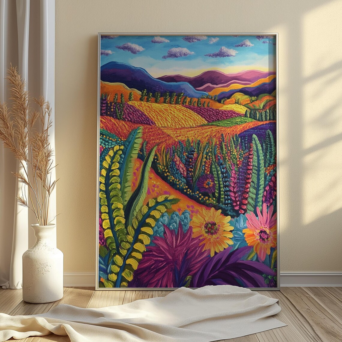 Vibrant Wildflower Meadow Purple Mountains Rolling Hills Folk Art Landscape Poster - Image 4