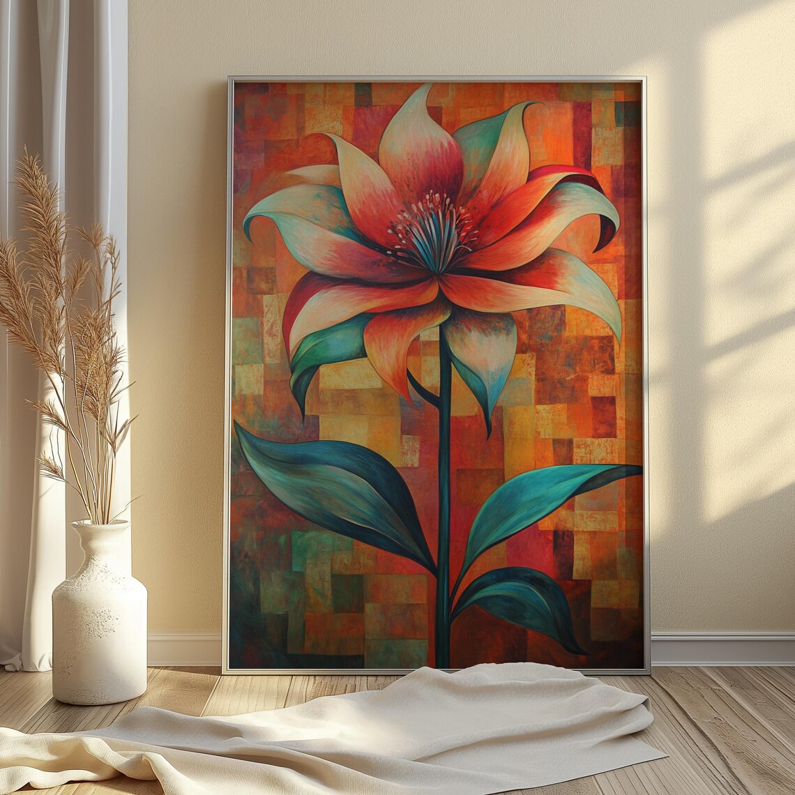 Red Teal Lily Large Bloom Orange Mosaic Tile Background Poster - Image 4