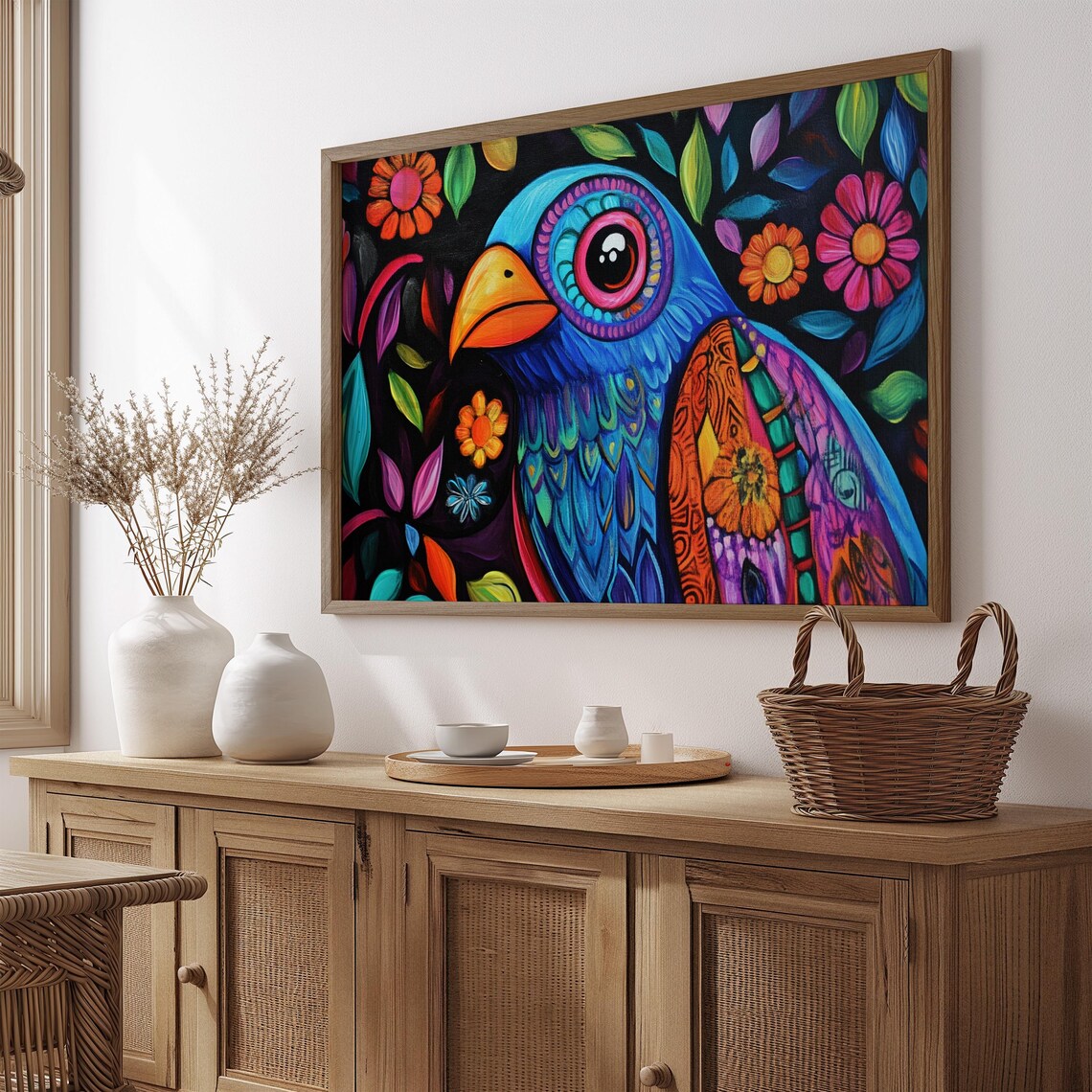 Close Up Blue Bird Portrait Orange Beak Alebrije Night Bloom Art Print