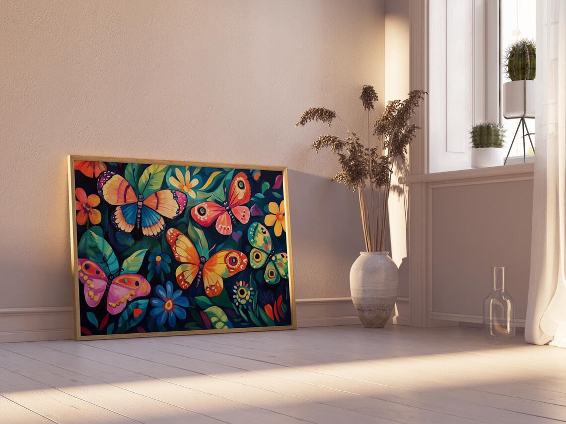 Six Colorful Butterflies Flying In Lush Green Leaves Dark Poster - Image 2