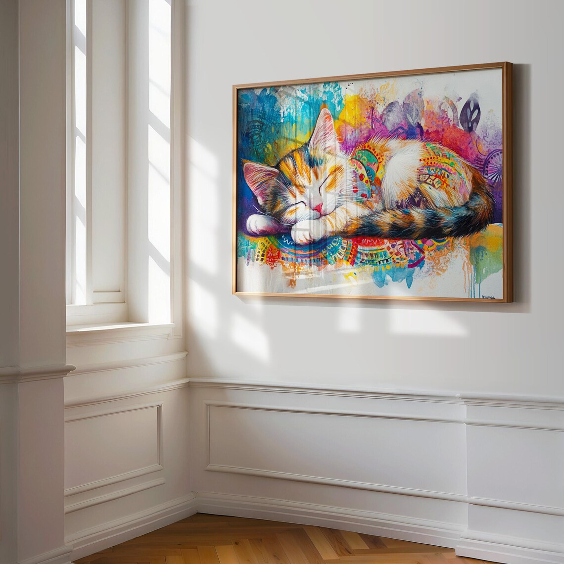 Sleeping Calico Kitten Colorful Mandala Rug Watercolor Cozy Cat Poster - Image 3