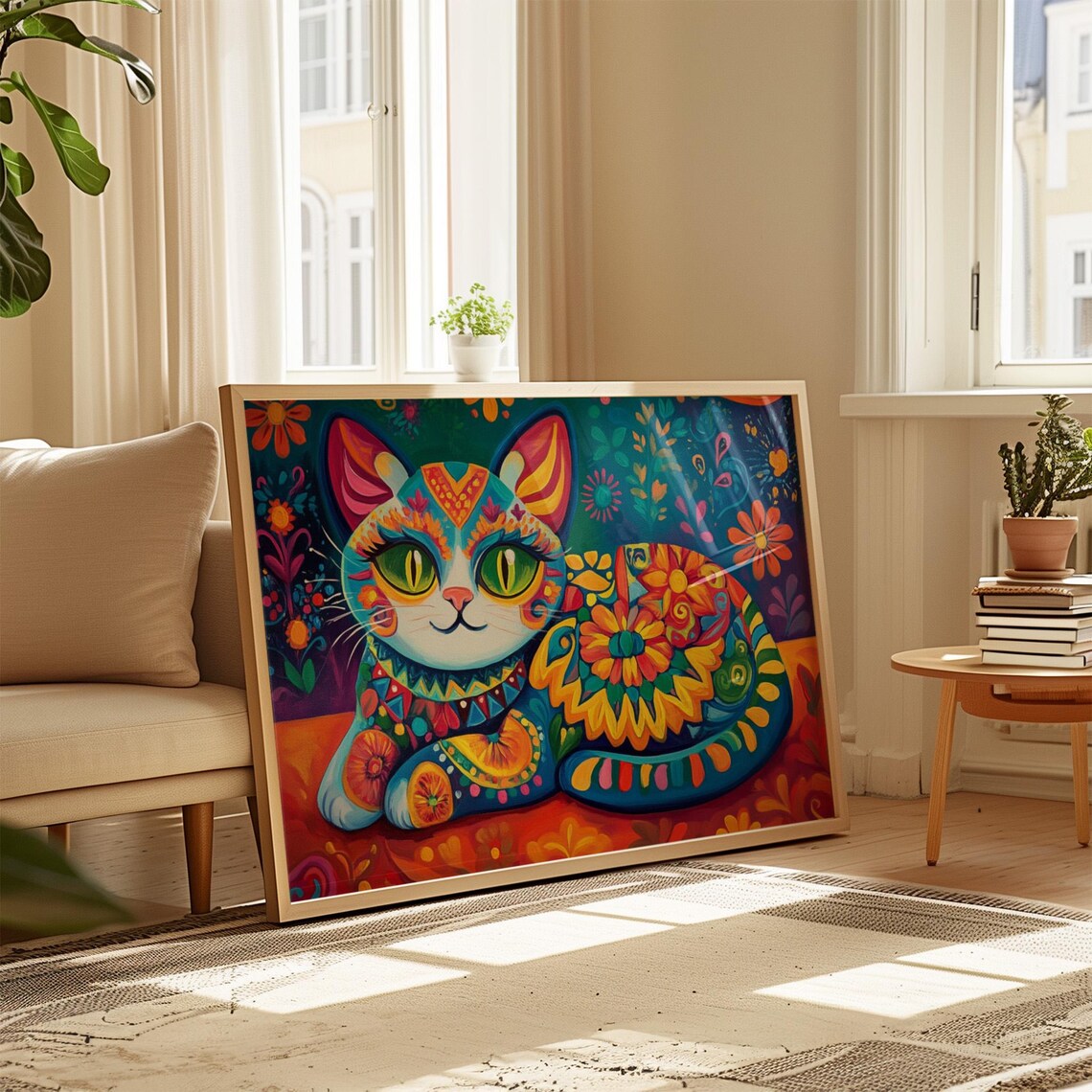 Reclining Floral Patterned Cat Green Eyes Navy Blue Colorful Poster - Image 4