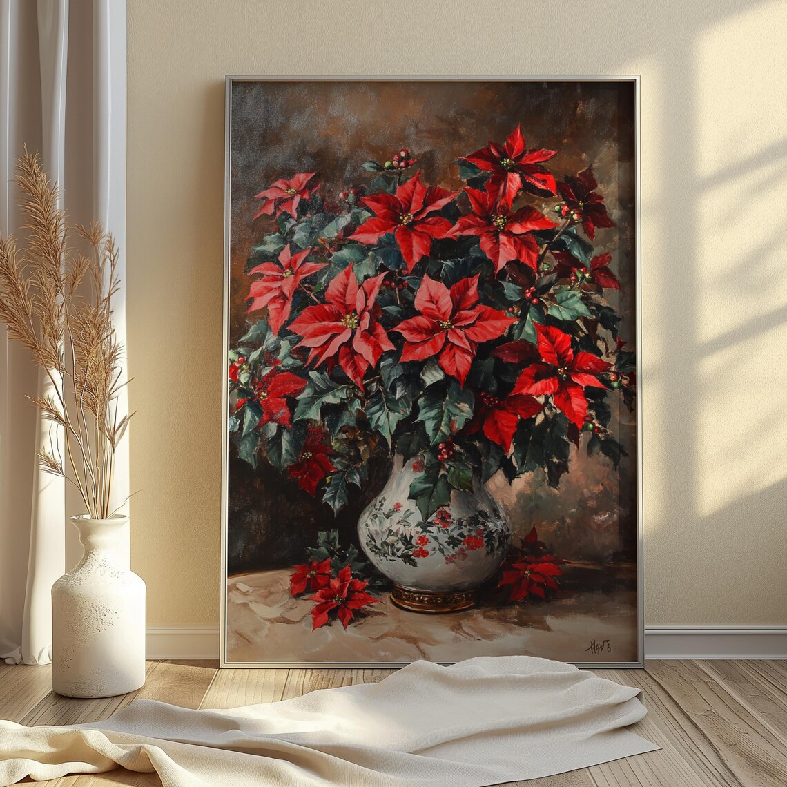 Red Poinsettia White Floral Vase Dark Background Christmas Poster - Image 3