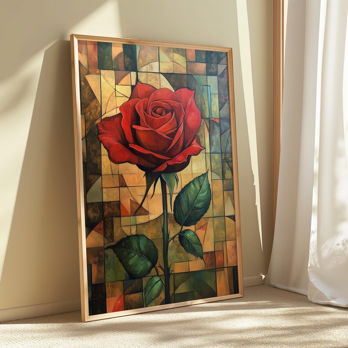 Romantic Red Rose Stained Glass Amber Mosaic Background Floral Poster - Image 5
