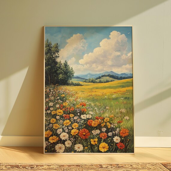 Colorful Wildflower Meadow Big Cloudy Sky Mountain Horizon Oil Poster