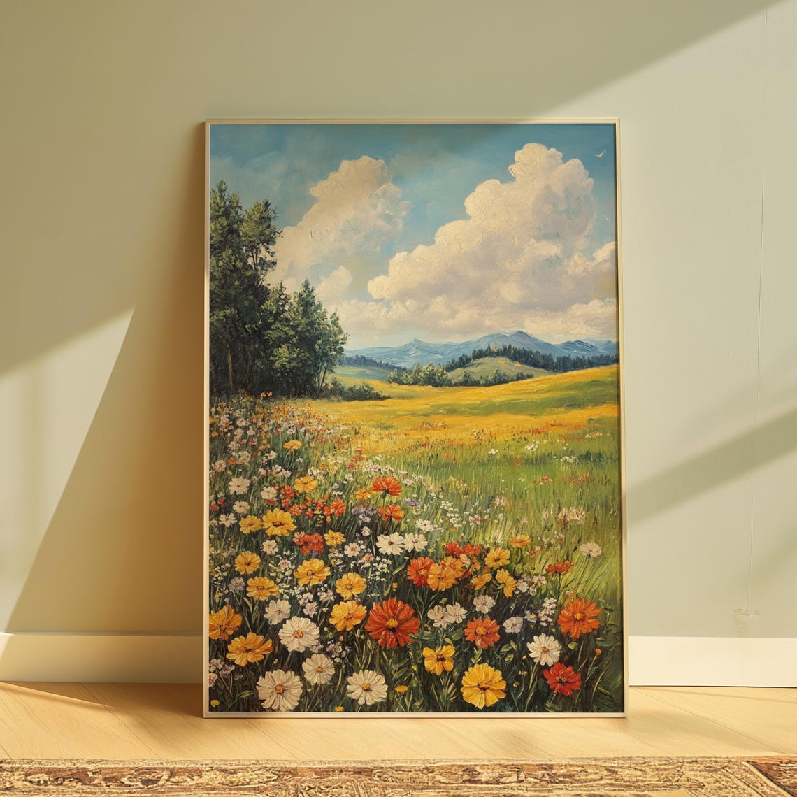 Colorful Wildflower Meadow Big Cloudy Sky Mountain Horizon Oil Poster