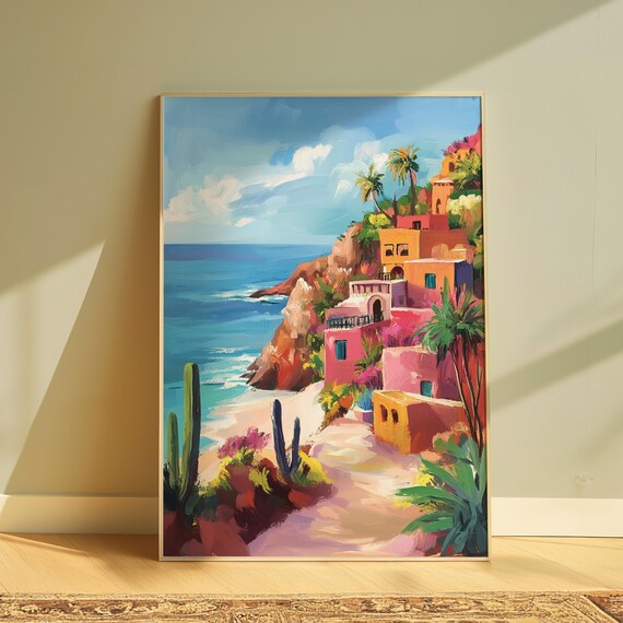 Colorful Coastal Cliff Village Pastel Houses Beach Blue Sea Cacti Poster
