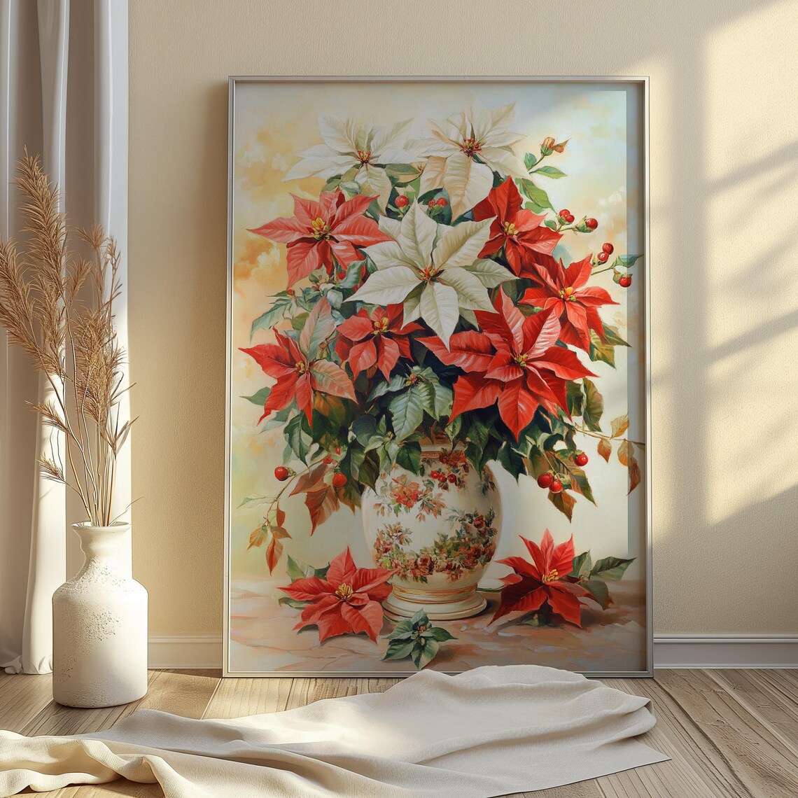 Red White Poinsettia Floral Vase Christmas Still Life Painting Poster - Image 3