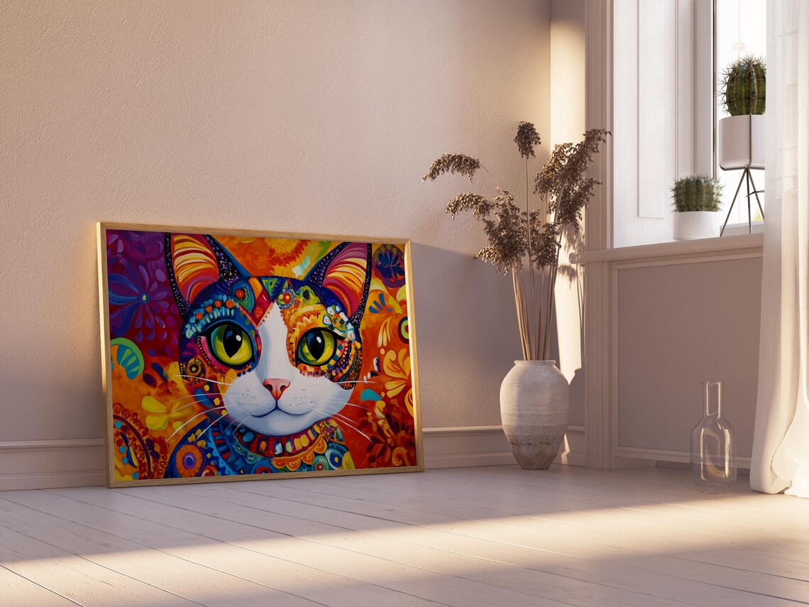 Calico Cat White Face Big Green Eyes Ornate Floral Red Art Cat Poster - Image 2