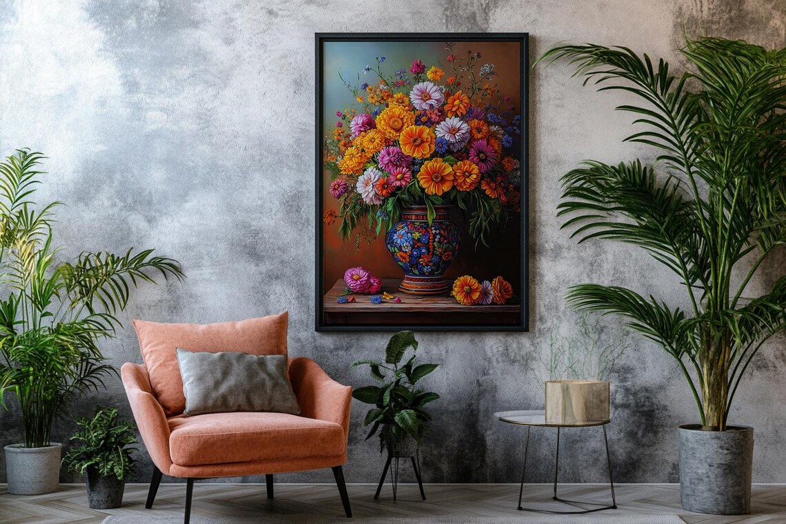 Vintage Floral Still Life Zinnias Blue Vase Oil Painting Art Poster - Image 2