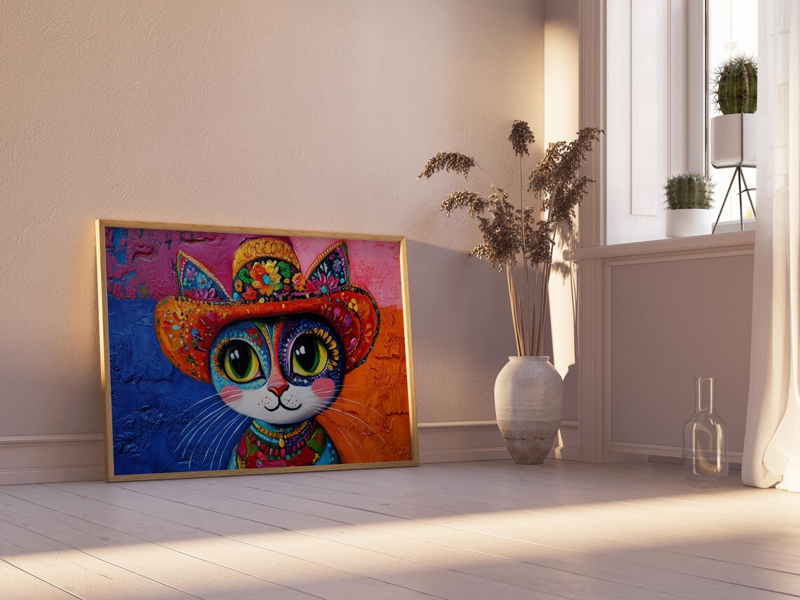 Mexican Folk Art Cat Wearing Floral Sombrero Day of Dead Style Cat Poster - Image 2