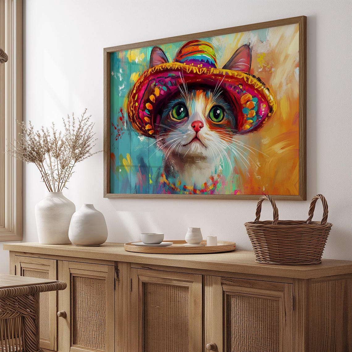 Kitten In Bright Sombrero Green Eyes Festive Mexican Art Poster