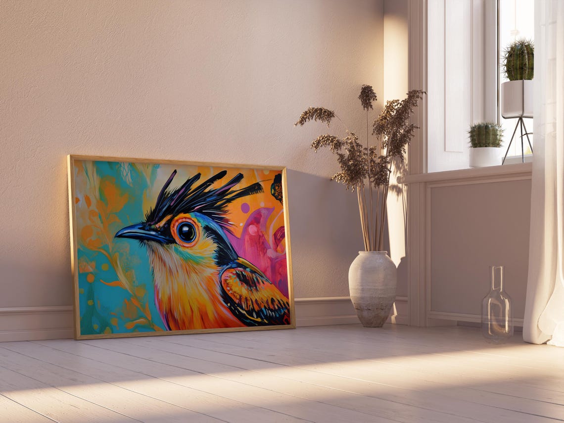 Crested Bird Portrait Orange Teal Abstract Close Up View Poster - Image 2