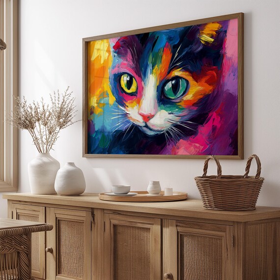 Calico Cat Close Up Mismatched Eyes Rainbow Brushstroke Poster
