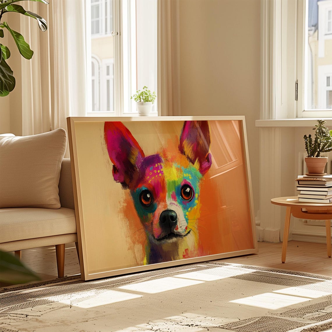 Colorful Painted Small Dog Portrait Big Ears Orange Background Poster - Image 4