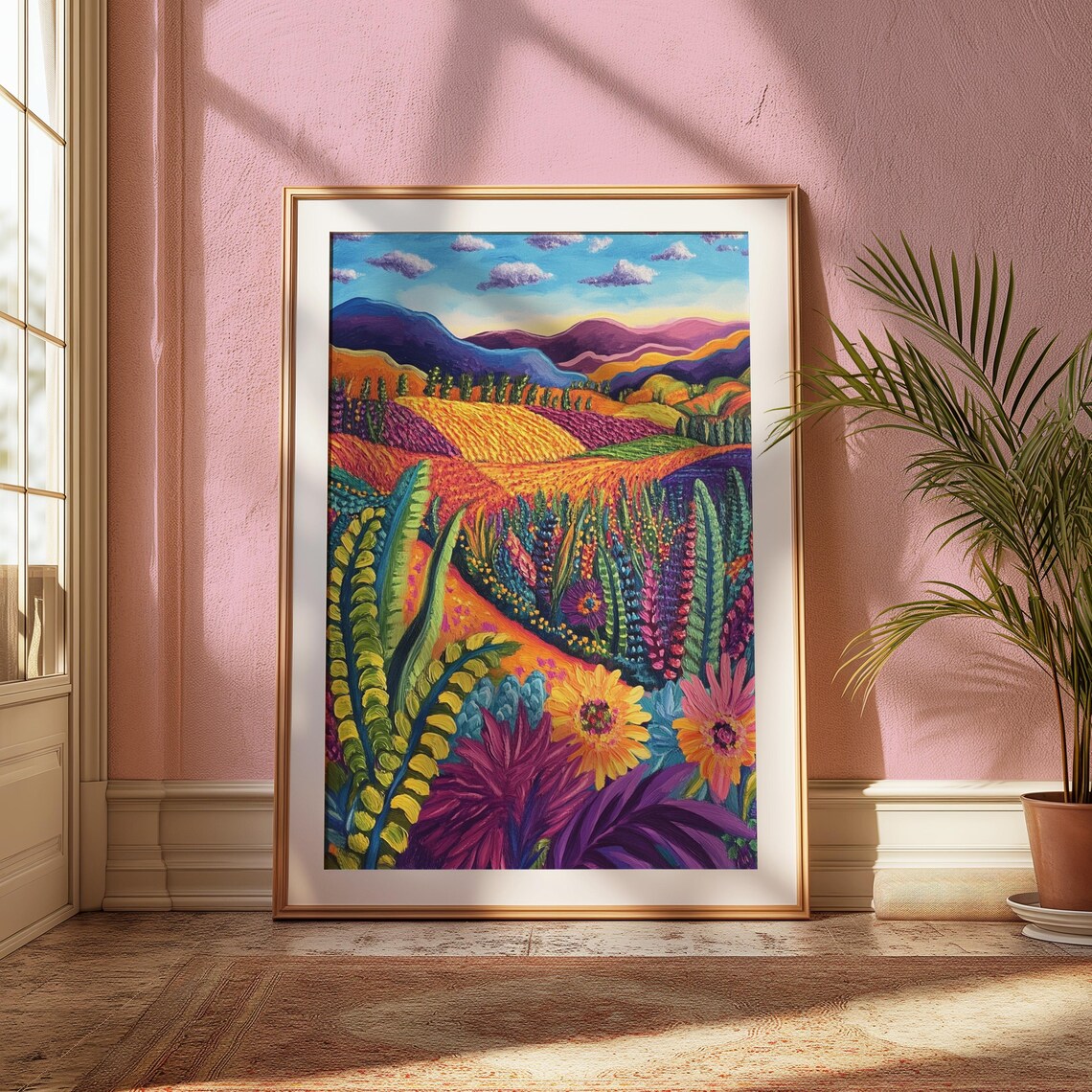 Vibrant Wildflower Meadow Purple Mountains Rolling Hills Folk Art Landscape Poster - Image 2