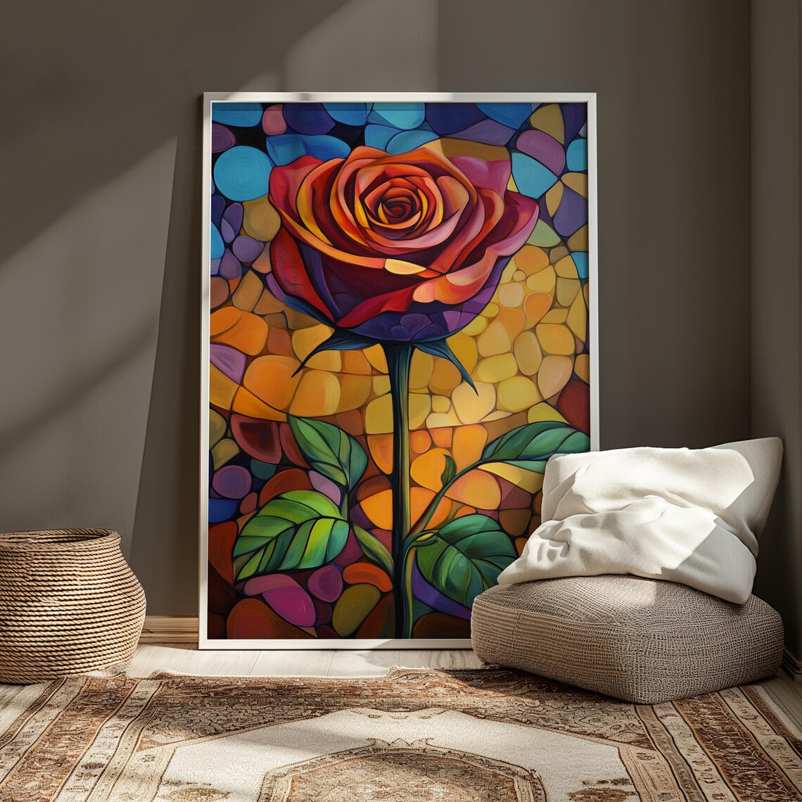 Red Purple Rose Stained Glass Mosaic Warm Glow Floral Poster - Image 3