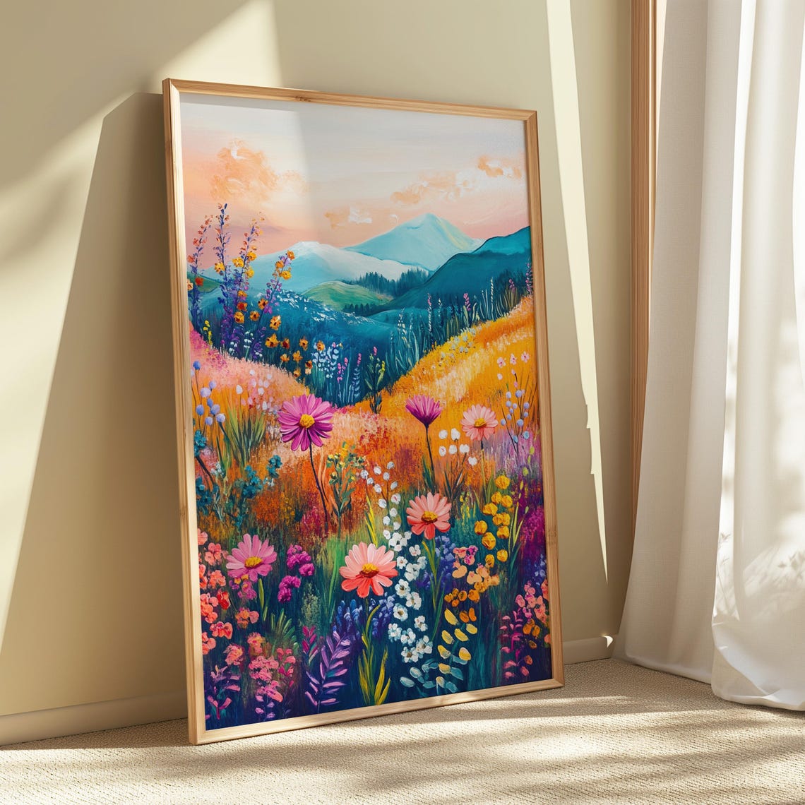 Pastel Pink Daisy Wildflower Meadow Dawn Teal Mountain Art Print - Image 5