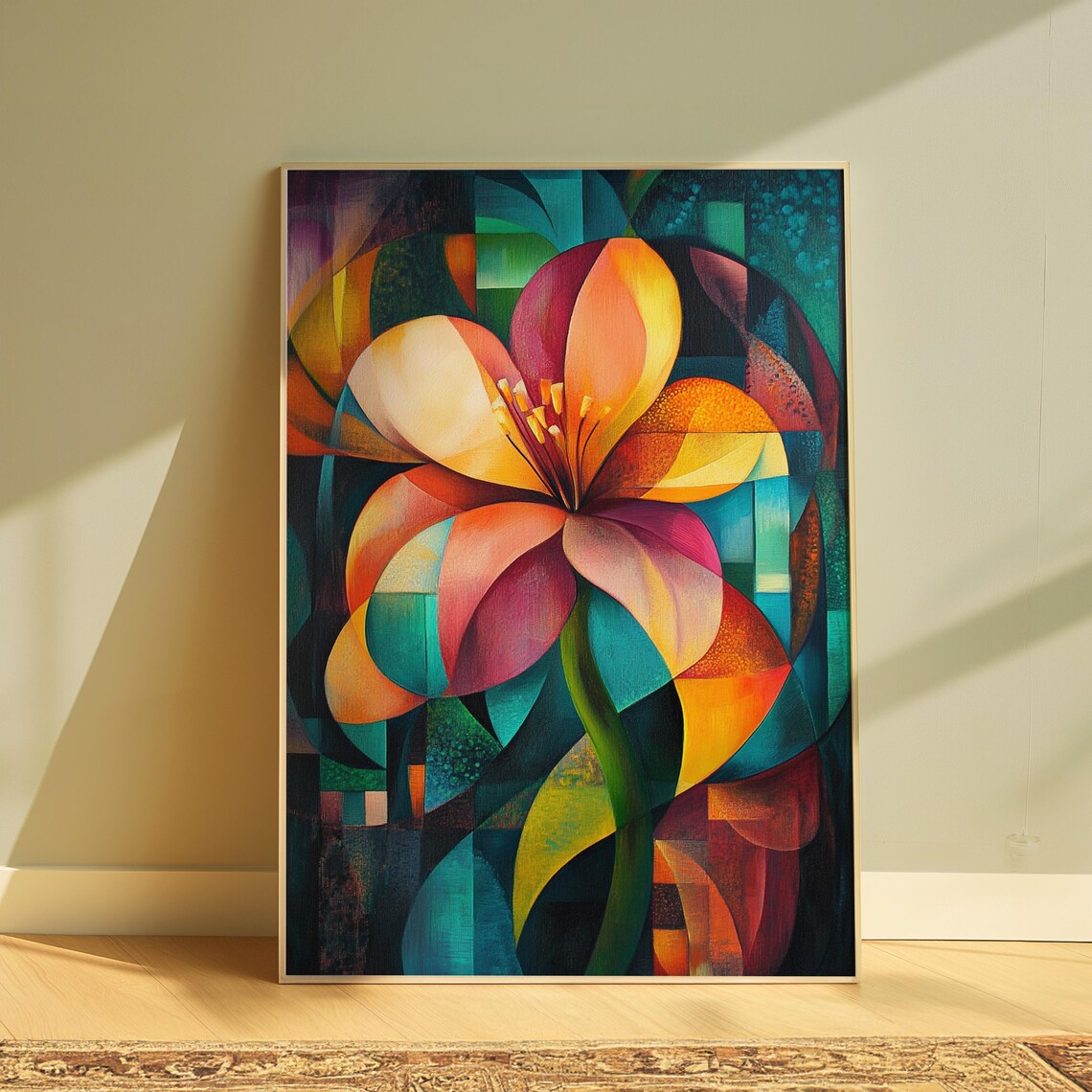 Pink Orange Lily Cubist Teal Green Abstract Floral Garden Poster