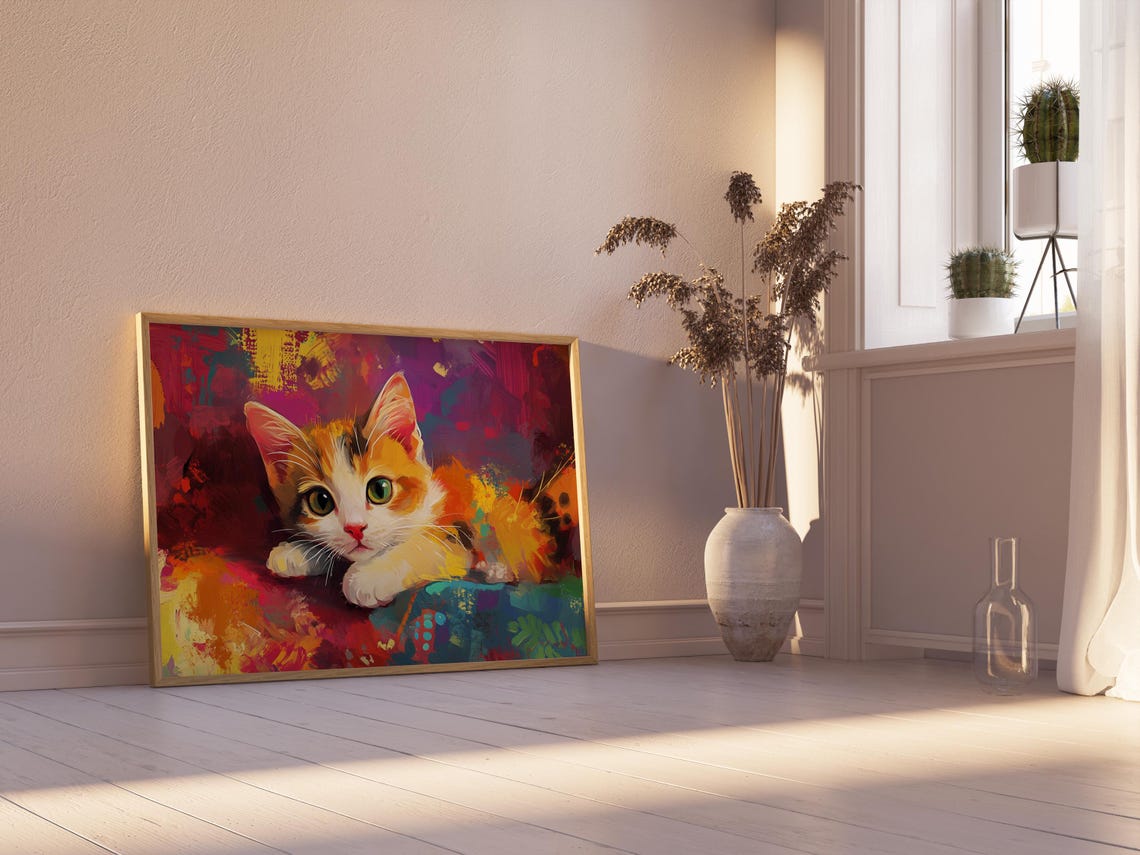 Calico Kitten Lying Down Vibrant Colorful Abstract Painting Poster - Image 2