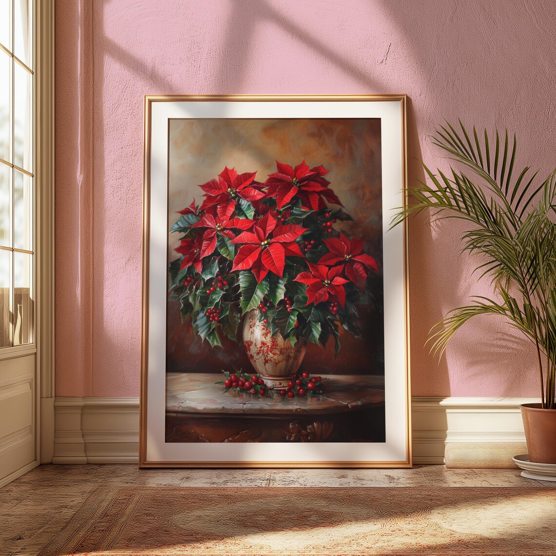 Red Poinsettia Holly Cream Vase Marble Table Christmas Poster - Image 2