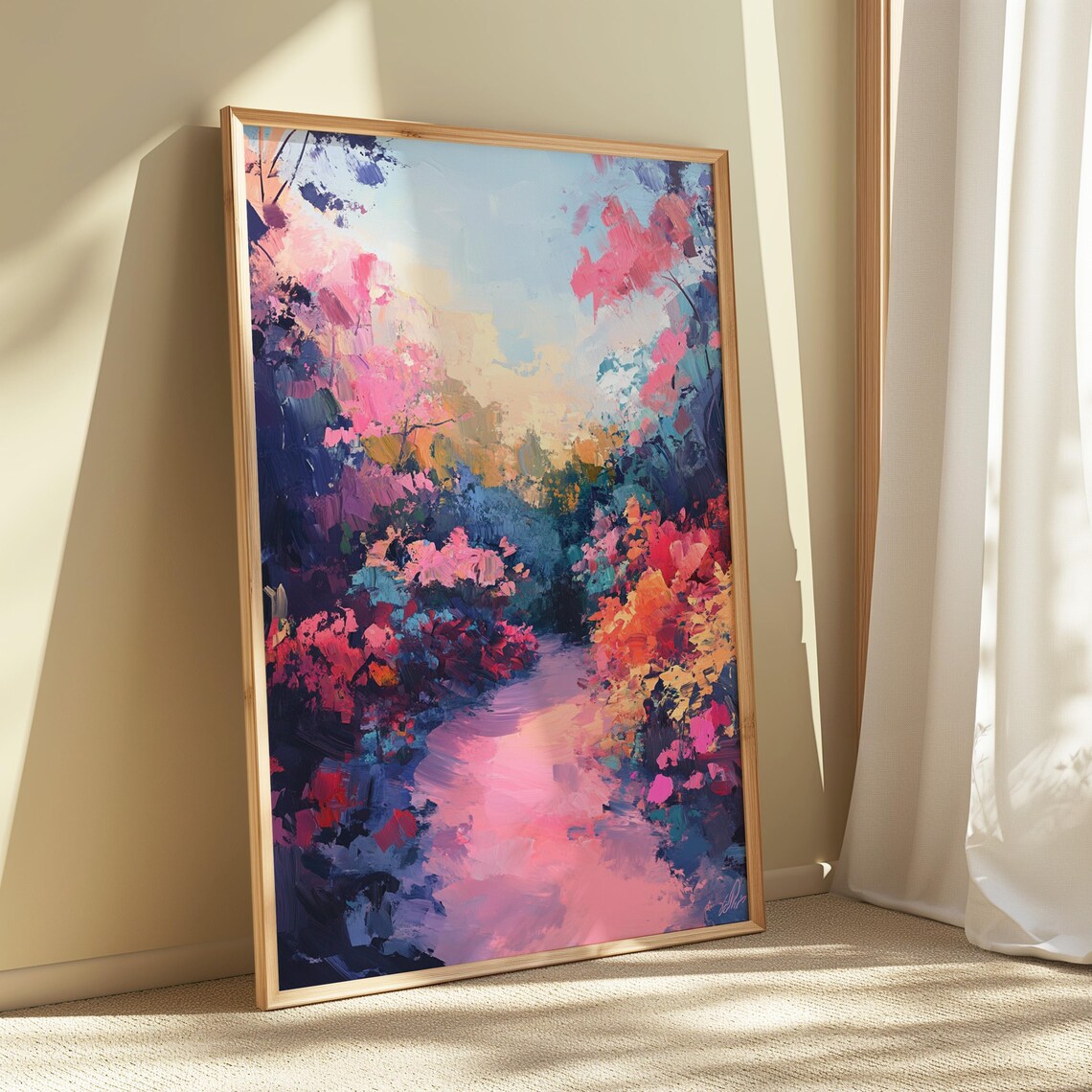 Dreamy Pink Blossom Garden Path Watercolor Impressionist Wall Art Poster - Image 5