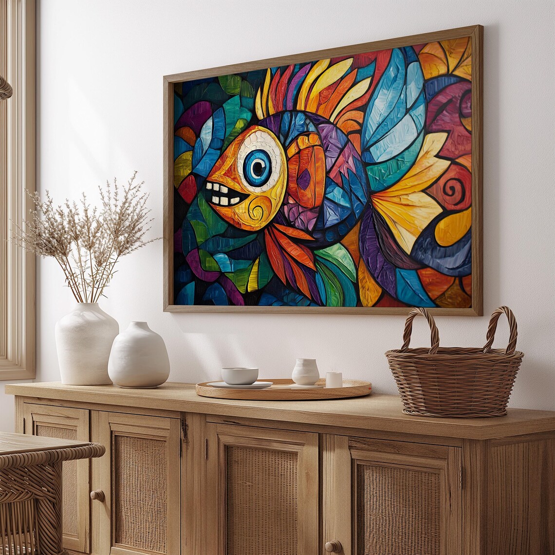 Cubist Mosaic Fish Painting Geometric Colorful Scales Bold Wall Art Print