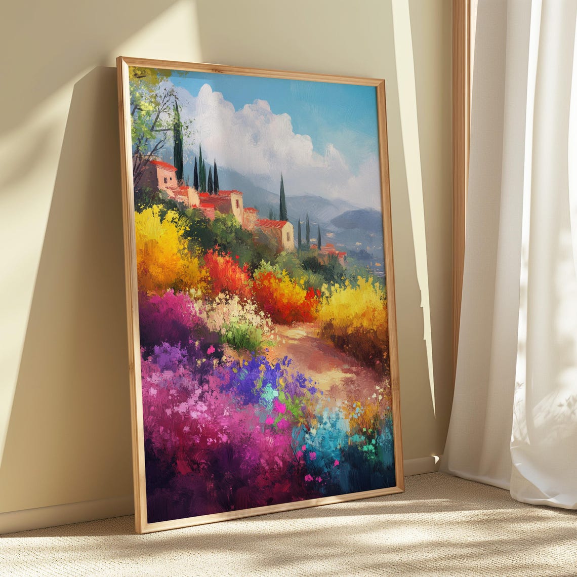 Hillside Village Flower Garden Cypress Trees Mountain View Art Print - Image 5