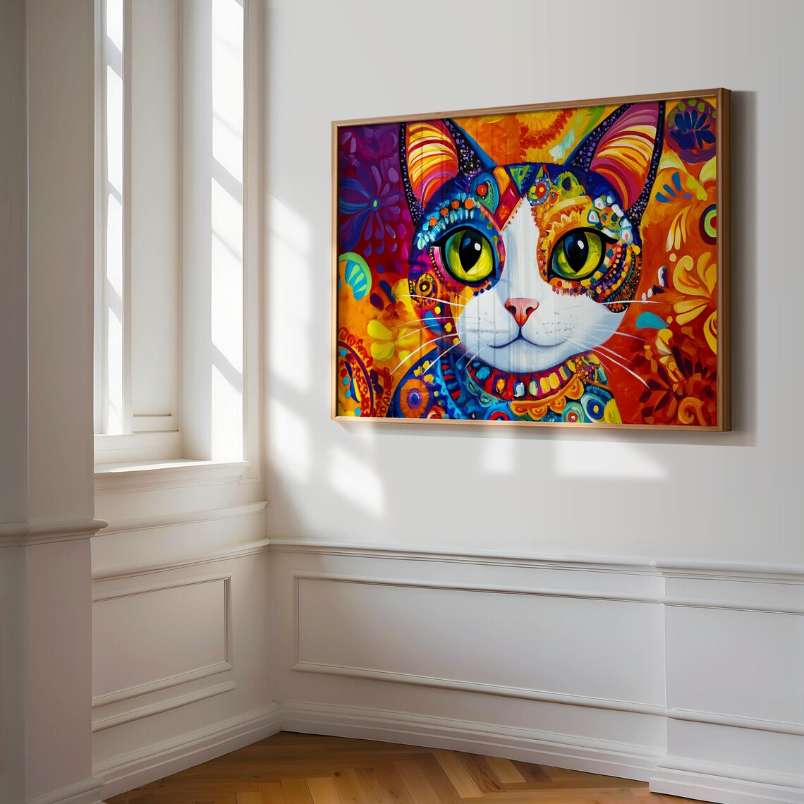 Calico Cat White Face Big Green Eyes Ornate Floral Red Art Cat Poster - Image 3